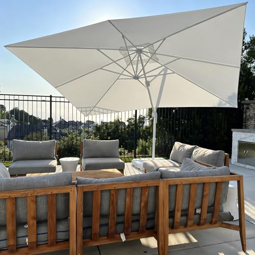 PURPLE LEAF Parasol Déporté 2,7 x 2,7 m Blanc avec Mât Alu Blanc Pied Croix | Design épuré et contemporain, Rotation 360°, Inclinaison 5 Positions, Toile avec Protection UV UPF50+, Durable, Piscine, Bar