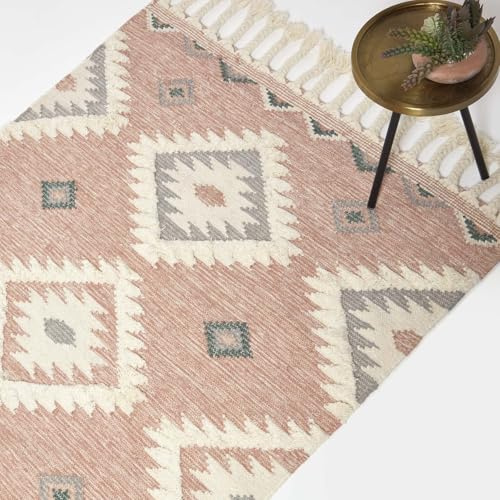 Homescapes Pali Kelim Teppich mit Fransen rosa-grau 120x170 cm, handgewebter Teppich, Fransen-Teppich Wolle