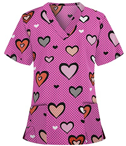 Healthcare Tunics for Women Scrubs for Women Medical Uniform Nurse Hospital Scrub Tops Cute Print V-Neck Adult Workwear Doctor Work Uniform Comfy Blouse with Pockets Medium Hot Pink