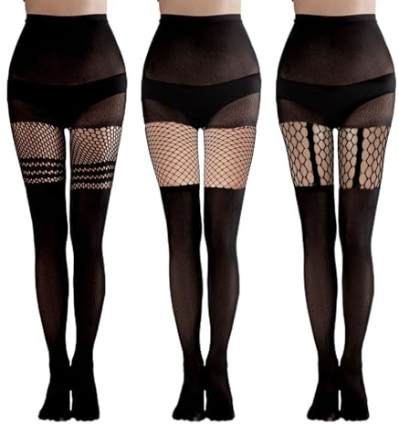 EUPSIIU 3 Pares Medias de Rejilla Estampadas de Cintura Alta Pantimedias de Red Opacas Oscuras medias negras mujer,Medias de Liga Mujer, Medias Negras Mujer con Diferentes Patrones (Algodón, Negro)