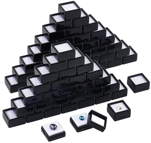 BENECREAT 70 Pièces Boîte de Présentation de Pierres Précieuses Noire - 29.5x29.5x16 mm Transparente en Plastique - Carrée pour Bijoux, Cristal, Diamant