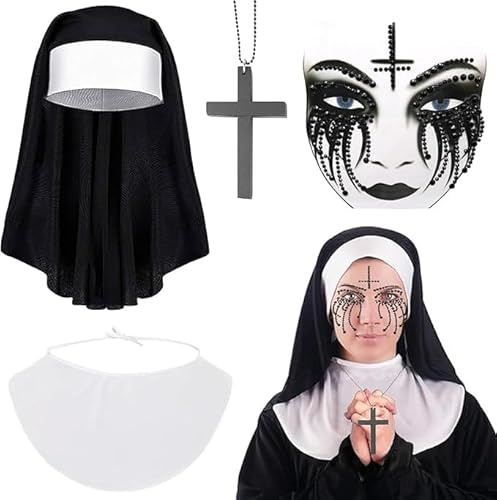 Nonne Kostüm Damen, 4 Stück Halloween Nonnenkostüm Damen mit Kreuzkette, Glitzersteine Gesicht, Nonnenhaube, Kragen, Gut, Nonne Kostüm Frauen, Nonne Outfit Zubehör für Halloween Karneval, Cosplay