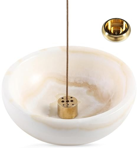 Cahzfie Luxuriöse Afrika Naturmarmor Räucherstäbchen Halter, 2-in-1 Räucherstäbchenhalter, Weihrauch Brenner Asche Fänger, Stick Räuchergefäß für Heimdekoration, Yoga, Meditation (Onyx White)