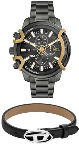 Diesel Herren Griffed Grau Edelstahl-Uhr und Stackables Schwarzes Lederarmband, Set
