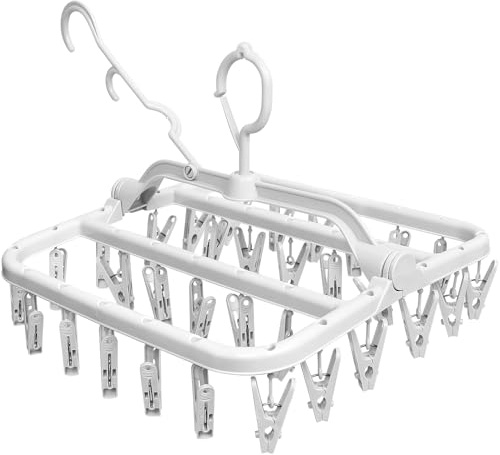 Newthinking Underwear Dryer Hanger, Sock Dryer with Pegs for Washing Line | Sock Hangers with 32 Clips and Windproof Hook for Drying, 360° Rotatable, PP Plastic, Sock, Underwear, Small Clothes, White