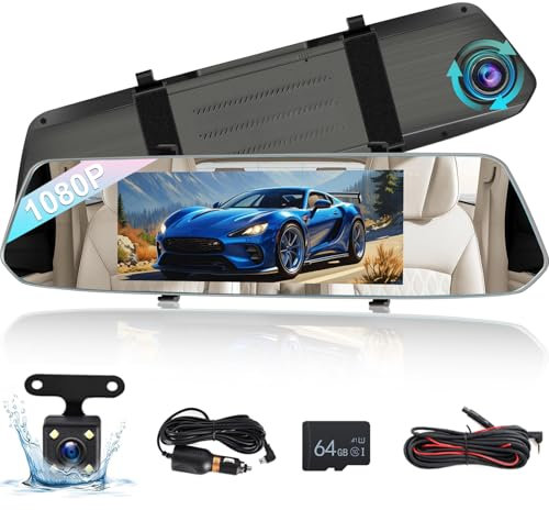 NHOPEEW Dash Cam a specchio da 7 pollici con doppia telecamera anteriore e posteriore - Sensore di gravità/registrazione in loop/rilevamento del movimento/monitor di parcheggio + scheda SD da 64G