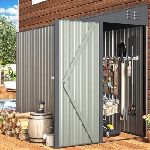 UNIONLINE 4x7 ft Lean to Storage Metal Shed | Garden Tool | 214x130m x203cm | Waterproof | 2.6m² 4.6m³ | Lockable Door | Bike Shed for Backyard Patio | Garbage Can | Grey