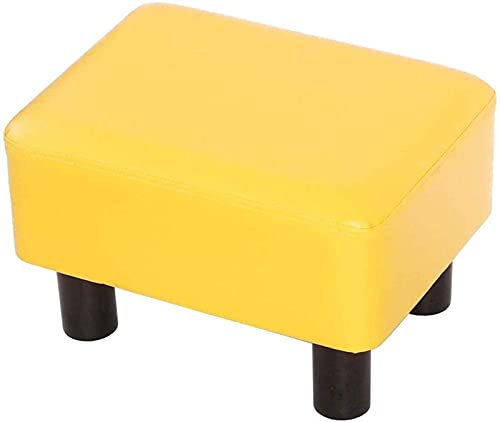 Kleiner gelber Ottoman-Fußhocker mit gepolstertem Sitz und Holzsockel