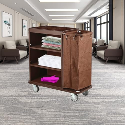 Kommerzieller traditioneller Reinigungswagen mit 3 Ablagen, Reinigungswagen auf Rädern mit Tasche, Hausmeisterwagen, Reinigungswagen für Hotels, Geschäfte,Braun