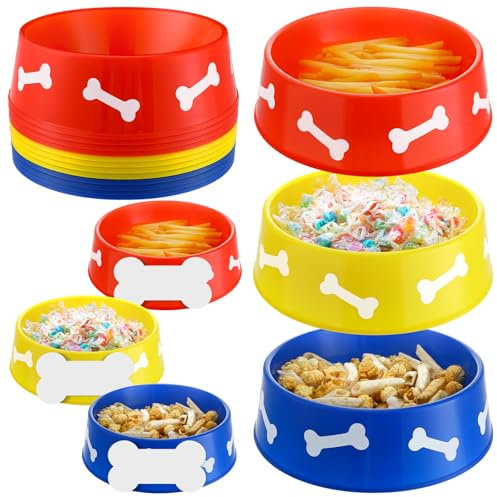 CroBlissful 12 Pieces Dog Paw Plastic Bowls Dog Theme Birthday Party Supplies Puppy Party Supplies Blue and Yellow Food Trays with Bone Cards for Birthday Favors(Red)