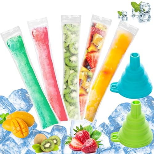 200 Stück Popsicle Taschen, SPOKKI 5x25cm Transparent Wassereis Tüten BPA-frei Popsicle Pouches mit 2 Trichter, Eis Pop Beutel Wassereis Formen für Joghurt, Eisbonbons, Eiscreme, Gastgeschenke