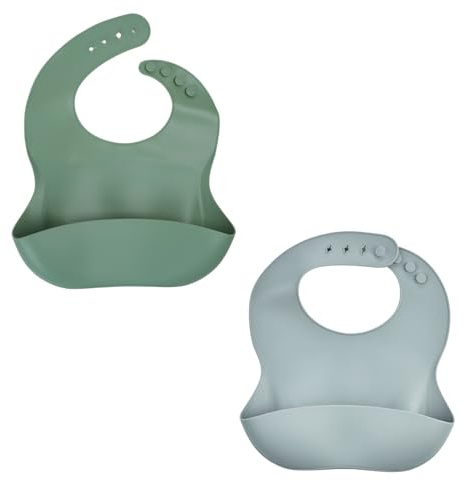 THERMOBABY - Lot De 2 bavoirs en silicone souple pour bébé avec poche de récupération - Réglables & faciles à nettoyer - Idéal pour les repas, pratique et étanche (Gris Charme & Vert Cactus)