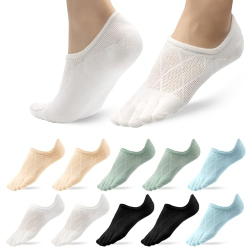 Soleeya 5 Pares Calcetines 5 Dedos Invisibles Cortos Mujer Talla 35-40, Transpirable Calcetines Tobilleros Cinco Dedos Deportes Algodón para Mujer