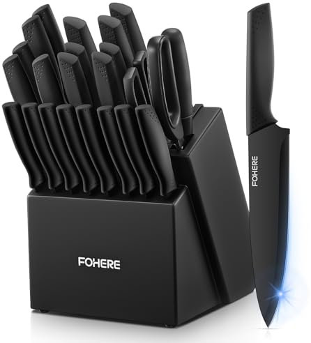 Set Coltelli da Cucina con Ceppo FOHERE 23 Pezzi Set di Coltelli con Affilacoltelli,Cucina da Chef con Blocco in Legno,Coltelli da Disosso,Coltelli da Formaggio,Nero