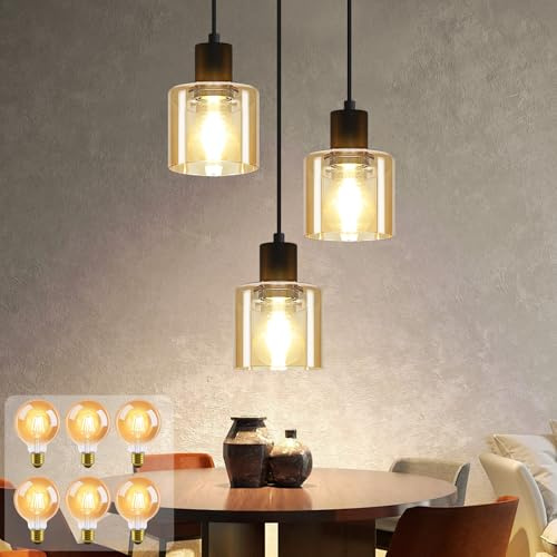 ZMH Pendelleuchte Esstisch Hängelampe 3 Flammig mit 6 x G80 Leuchtmittel | LED Vintage Esstischlampe Hängend E27 Hängeleuchte Metall Esszimmerlampe Retro Pendellampe für Wohnzimmer Esszimmer