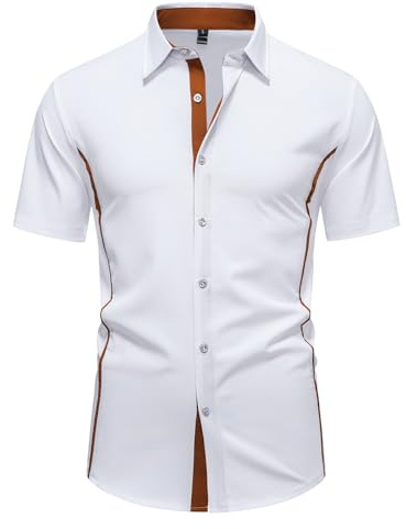 MakingDa Men's Dress Shirt Short Sleeve Stretch Slim Fit Summer Smart Casual Button Down Formal Shirts for Wedding Party Business Work Office-White-S