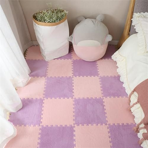 JHOMHF Waschbarer, flauschiger Shaggy-Milchsamt-Patchwork-Teppich, ineinandergreifende Teppichfliesen mit einfacher Installation, langlebige Puzzle-Matten für Wohnzimmer, Schlafzimmer (rosa + lila, 10