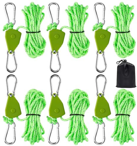 6 Stück Seilratsche mit Haken, Reflektierend Abspannseile, Seil Ratsche Kleiderbügel Aufhänger,Ø4mm Seil Ratsche mit Haken Rope Seilratsche für Zelten, Ventilatoren, Pflanzenleuchten 150lb 3.12ft/4M