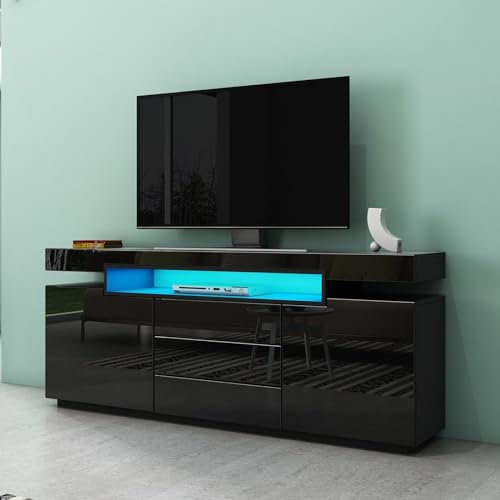 Meuble TV LED moderne avec 2 portes et 3 tiroirs, buffet noir élégant pour salon et salle à manger, 160 x 35 x 72 cm, design contemporain et grand rangement.