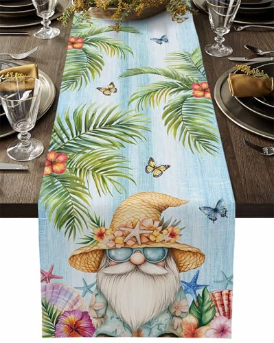 Summer Coastal Dwarf Palm Tree Table Runner 13x48in Inches Long Soft Table Runners Dresser Scarf, Blue Ocean Starfish Kitchen Dining Tablerunners for Home Party Decor