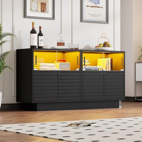 Merax Sideboard mit LED-Licht, Küchenschrank mit Glasschiebetür und 2 Kabinett, Modern Buffetschrank Anrichte Schrank mit viel Stauraum, Mehrzweckschrank für Esszimmer, Wohnzimmer, Küche, Schwarz