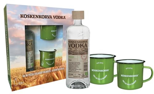 Koskenkorva, Original Organic Vodka, 700 ml, Confezione Regalo con 2 Mug, Vodka Biologica Finlandese con Note Secche, Prodotta con Orzo Finlandese, Distillata con Acqua Pura di Sorgente, 37,5% Vol