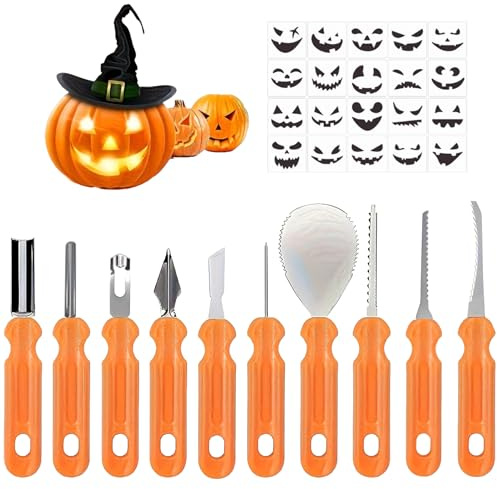 Salyeeluly Kit de Tallado de Calabazas,Sierra y Cuchara para Calabazas | Plantillas de Halloween con Sierra Cuchara Raspador Cuchillos para Manualidades Decoración Arte Adultos y Niños