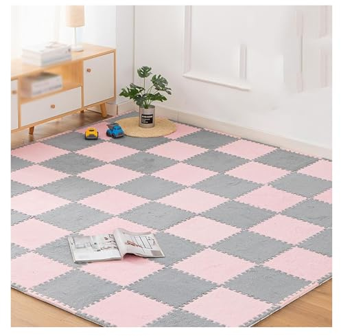 SFQEVHRZ Puzzle-Teppich, Plüsch-klick-Teppichfliesen, 10 Stück, 12 x Zoll, ineinandergreifende Schaumstoff-Teppichfliesen mit Rand, quadratische Fußmatten(Pink+Dark Coffee)