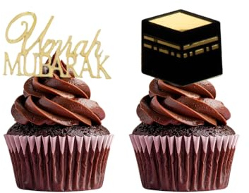 Umrah Mubarak Decoration Cupcake Toppers – Set of 6 Gold Acrylic Bento Cake Charms 6 Pcs Gold Umrah Mubarak Cupcake Toppers Decorations For Your Home Ramadan Islamic Muslim Deco