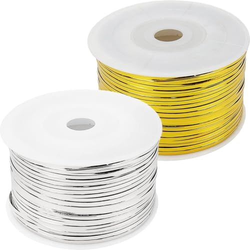 ELAYARD Lot 2 Attaches Torsadées Métalliques Réutilisables 100 Mètres, Liens D'emballage Alimentaires pour Pâtisserie, Paquet à Bonbons et Biscuits, Bobines Doré et Argenté, Emballage