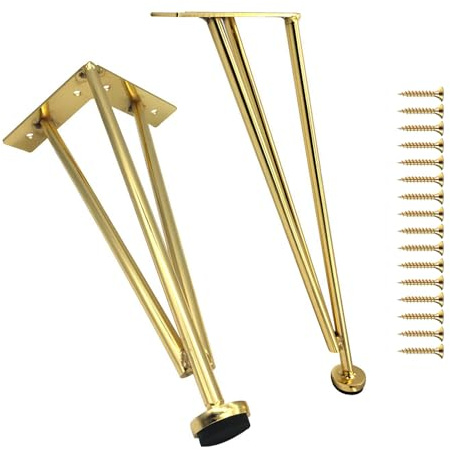 WATAOW 21cm Hairpin Tischbeine aus Metall – 3 Stahlstangen – 2 Stück DIY Ersatz Möbelfüße – Haarnadel Stützfüße für Nachttische Couchtische TV-Möbel(Gold,26cm/10in)