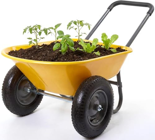 Brouette de Jardin 2 Roues, Chariot Utilitaire Fer et Plastique, 124x66x62,5 cm, Jaune, Chariot de Transport pour Jardin et Chantier