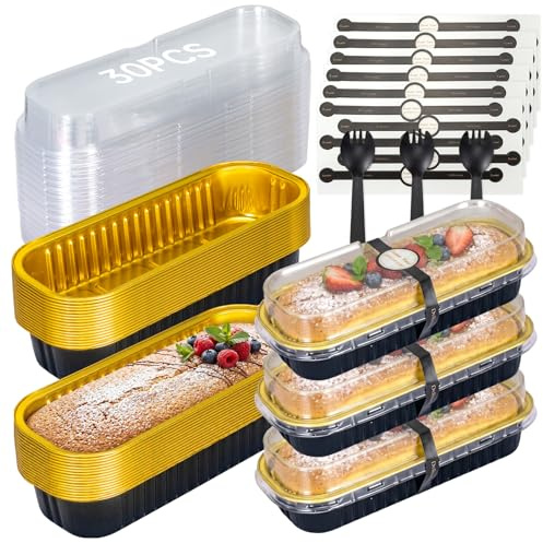 Savorella 120Pcs/30Set Mini Loaf Baking Pans with Lids and Spoons - 200ml Reusable Rectangular Aluminum Foil Baking Pans with Sealing Sticker for Dessert Bread Wedding Picnic Birthday Party (30)