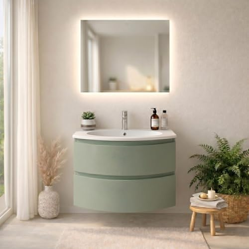 Kiamami Valentina - Mobile Bagno Sospeso 70 cm Verde Salvia con Lavabo in Resina, 2 Cassetti Soft Close, Design Curvo Moderno