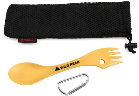 Wild Peak Plastic Spork - Lightweight & Strong All in one Spoon, Fork, Knife Cutlery with Optional Storage Bag ▲ (Golden Yellow, with Storage Bag)