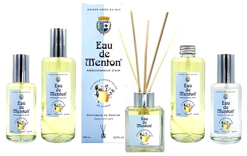 Pack Parfum d'ambiance, brume d'oreiller, diffuseur avec bâtonnets et assainisseur d'air au citron - Eau de Menton - Artisan Parfumeur en Côte d'Azur