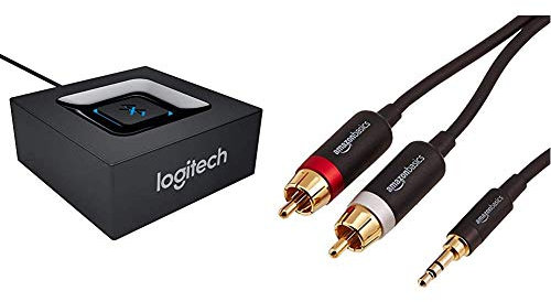 Logitech Bluetooth Audio Adapter schwarz & Amazon Basics PBH-19822 Cinch-Audiokabel, 3,5-mm-Klinkenstecker auf 2 x Cinch-Stecker, 2,44 m