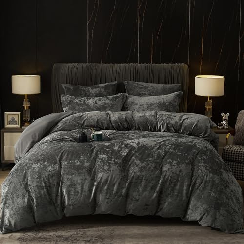 PHF Truly Velvet Duvet Cover Set Queen Size, 3pcs Ultra Soft Breathable Comforter Cover Set, Luxury Cozy Flannel Duvet Cover with Pillow Shams Bedding Collection, 90 x 90, Dark Grey