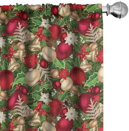 ABAKUHAUS Weihnachten Vorhänge, Gardinen, Baum-Zweig Glocken, Fensterbehandlungen für Wohnzimmer Schlafzimmer Dekor, 2 Stück 75 cm b x 225 cm h,Rot Grün