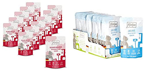 MjAMjAM Quetschie - kulinarischer Hirsch und Truthahn an frischen Cranberries 12x125 g(1 x 1500 g) & Premium Nassfutter für Katzen - zarte Ente & Geflügel an leckeren Möhrchen, 12er Pack (12 x 125 g)