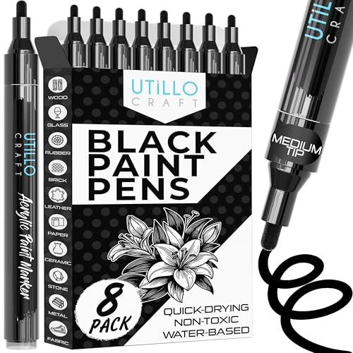 Utillo Craft Black Paint Pen (8-Pack) Medium 2-3mm | Black Paint Markers for Metal, Fabric, Wood, Glass, Paper, Plastic, Rock, Leather | Bold Color Permanent Acrylic Paint Pen | Artist DIY