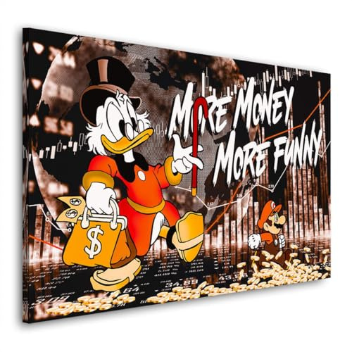 Kunstgestalten24 | Dagobert Pop Art Retro Leinwandbild mit Mario – More Money More Funny – mit hochwertigem Echtholz-Keilrahmen – Börse & Comic Street Art | 90x60cm, 4cm Rahmentiefe