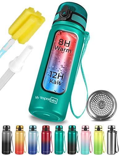 My Vesperbox - Edelstahl Thermos Trinkflasche auslaufsicher - mit Strohhalm oder Sieb - 400 ml, 600ml - BPA FREI - für Kindergarten, Schule (Rosa - Türkis, 600 ml)