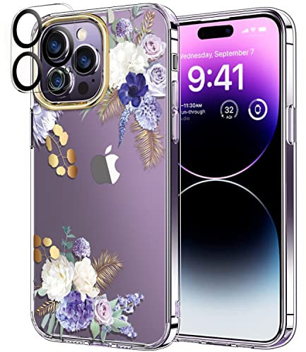 luolnh Compatible with iPhone 14 Pro Case with Flowers,for Girly Women,Shockproof Clear Floral Pattern Hard Back Cover for iPhone 14 Pro 6.1 inch 2022(Purple Hydrangeas)