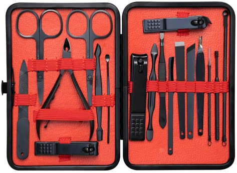 Aba Group Nagelschere Set 18 Tools - Maniküre Set - für Gesicht, Füße, Hände - Pediküre Set – Kosmetikzubehör - Nagelschere Set - Nägel Selber Machen – Nail Set im Etui Schwarz und Rot