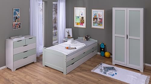 Inter Link - Cama nido - Cama con cajones - 2 camas 90x200 cm - 3 cajones - Madera maciza - Con somier - Sin colchón - Verde salvia/Gris - Prati 90x200 cm