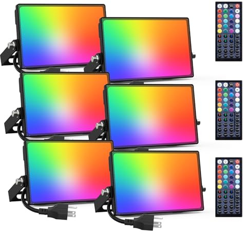 Onforu 6 Pack RGB LED Flood Light Outdoor, 70W Color Changing Uplights with Remote, 2700K Warm White IP66 Stage Lighting, Landscape Floor Spotlights Indoor, Uplighting Indoor Floor Light for Christmas