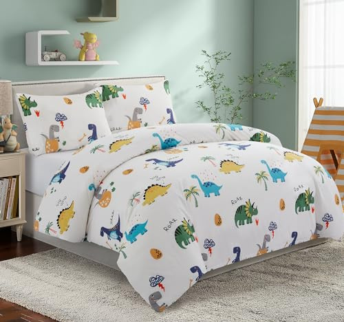 Marina Decoration Kids Boys Toddlers Cute Printed 600 Thread Count Soft Cotton Blend Percale 2 Pieces Duvet Cover Set with Corner Tie and Zipper, Cartoon Dinosaur Zoo Dino Pattern Twin/Single Size