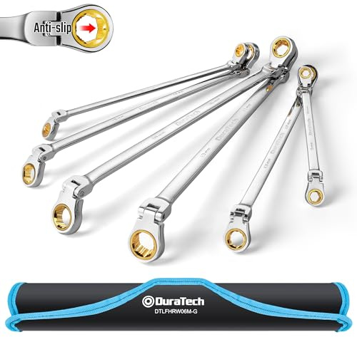 DURATECH Extra Long Anti-Slip Flex-Head Ratcheting Wrench Set, Double Box End Wrench Set, 6-Piece, Metric 8-19 mm, CR-V Steel, with Pouch