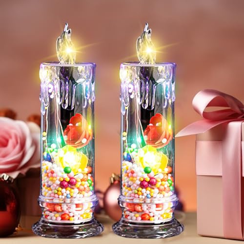 DZAY 2 Stück LED Flammenlose Kerze Blume Teelichter,Batteriebetriebene LED Lampenkerze LED Kerze Licht mit LED Lichtrose Blume Schreibtischlampe für Valentinstag Romantische Weihnachten Dekor